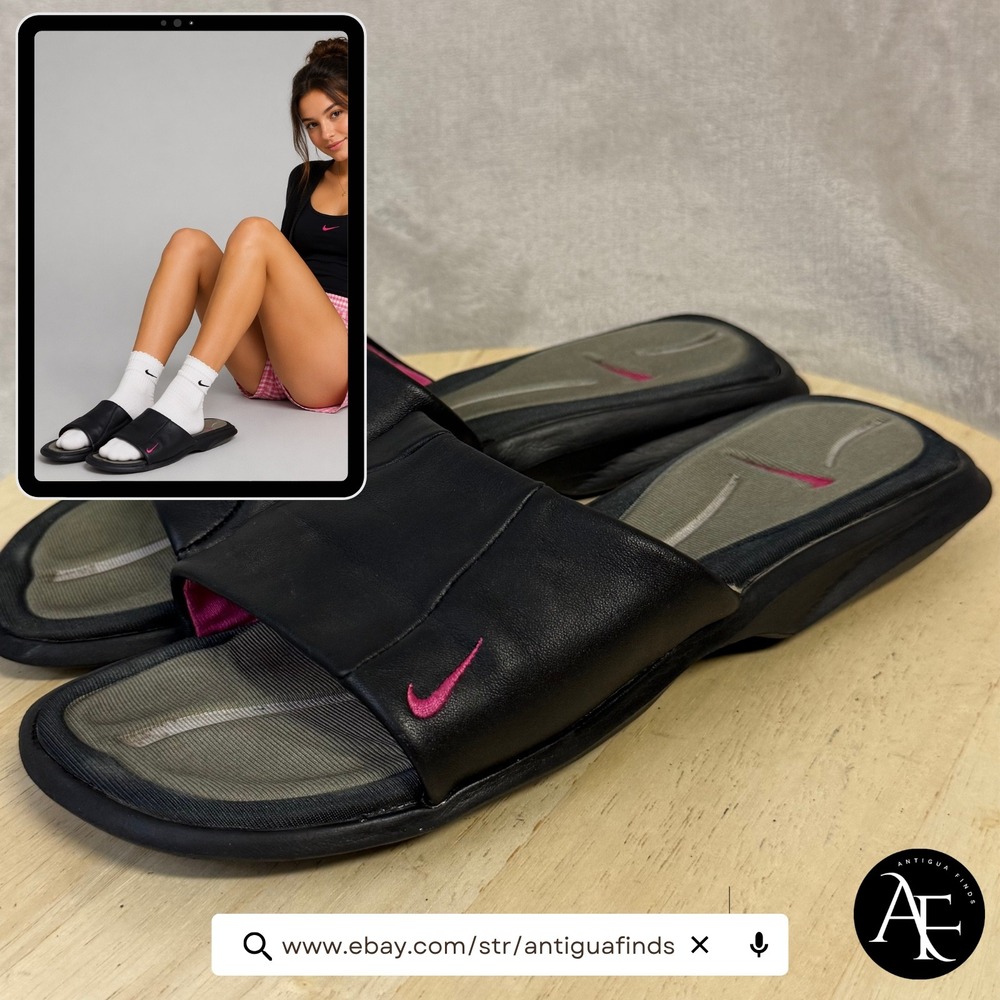 Nike Womens Black Pink Leather Slide Sandals Comfort Athletic Shoes Size 10